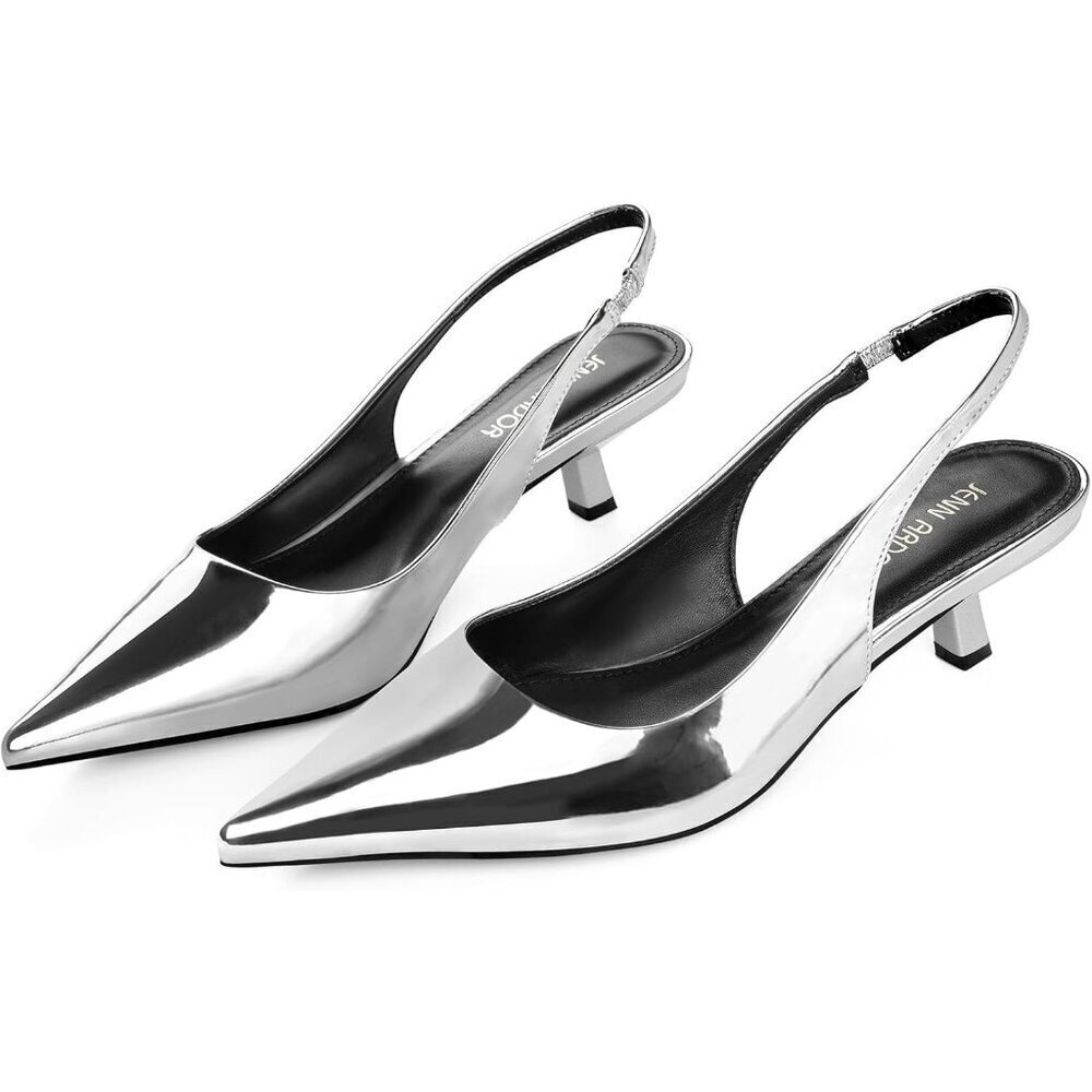 Jenn Ardor Women's Silver Slingback Low Heels Kitten Pumps Dressy Heeled Sandals